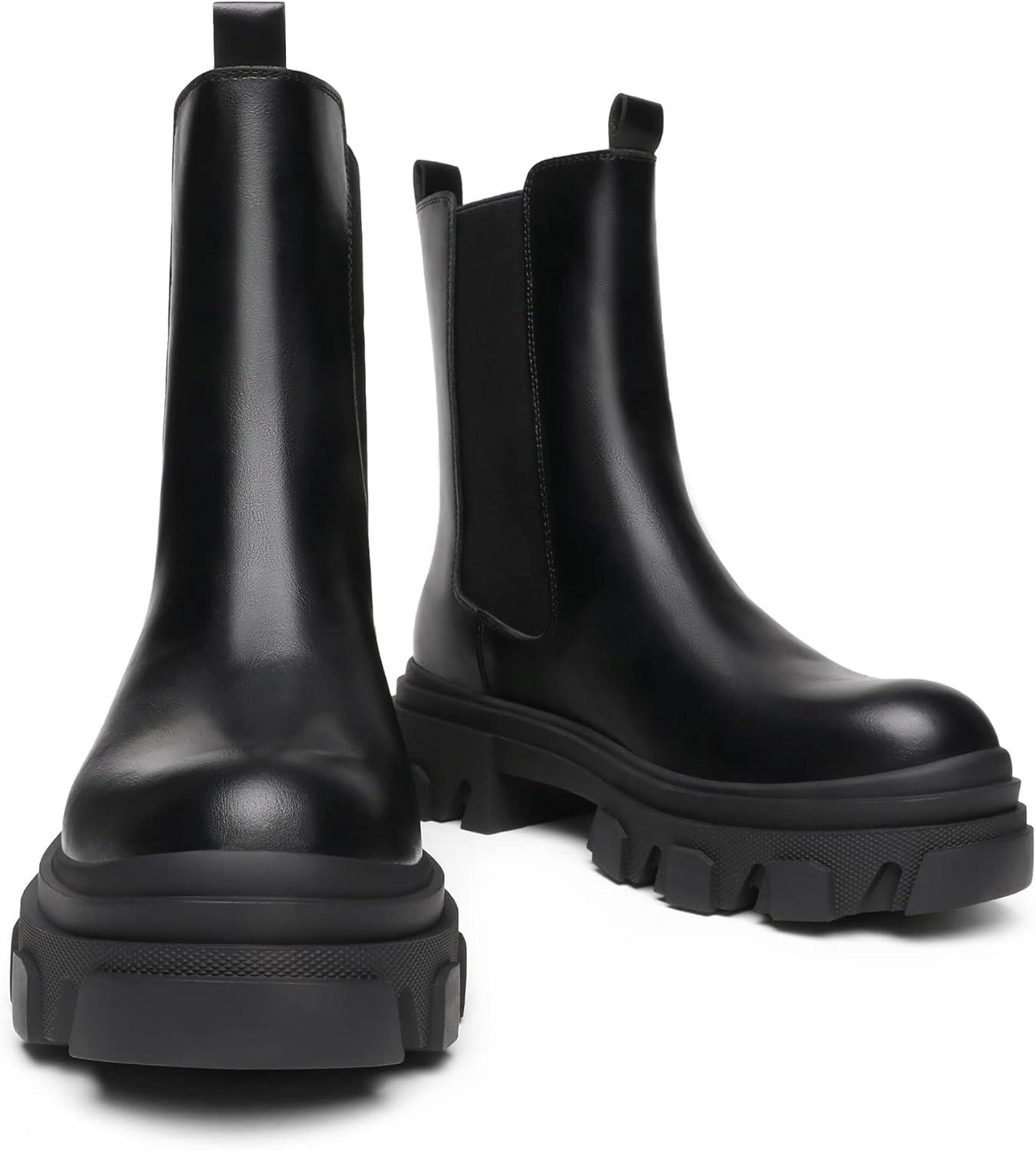 imageDREAM PAIRS Womens Platform Chelsea Boots Lug Sole Combat Mid Calf Slip On Chunky Ankle BootiesBlackPu