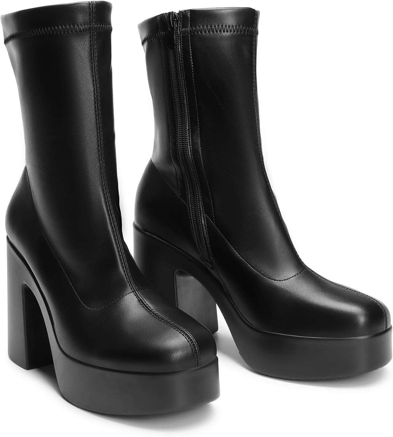 imageDREAM PAIRS Womens Platform Gogo Ankle Boots High Chunky Block Heel Square Toe Booties ShoesBlack