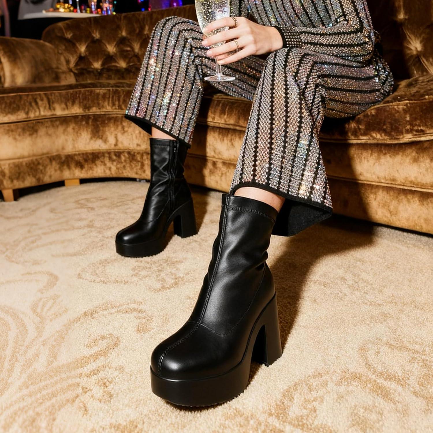 imageDREAM PAIRS Womens Platform Gogo Ankle Boots High Chunky Block Heel Square Toe Booties ShoesBlack