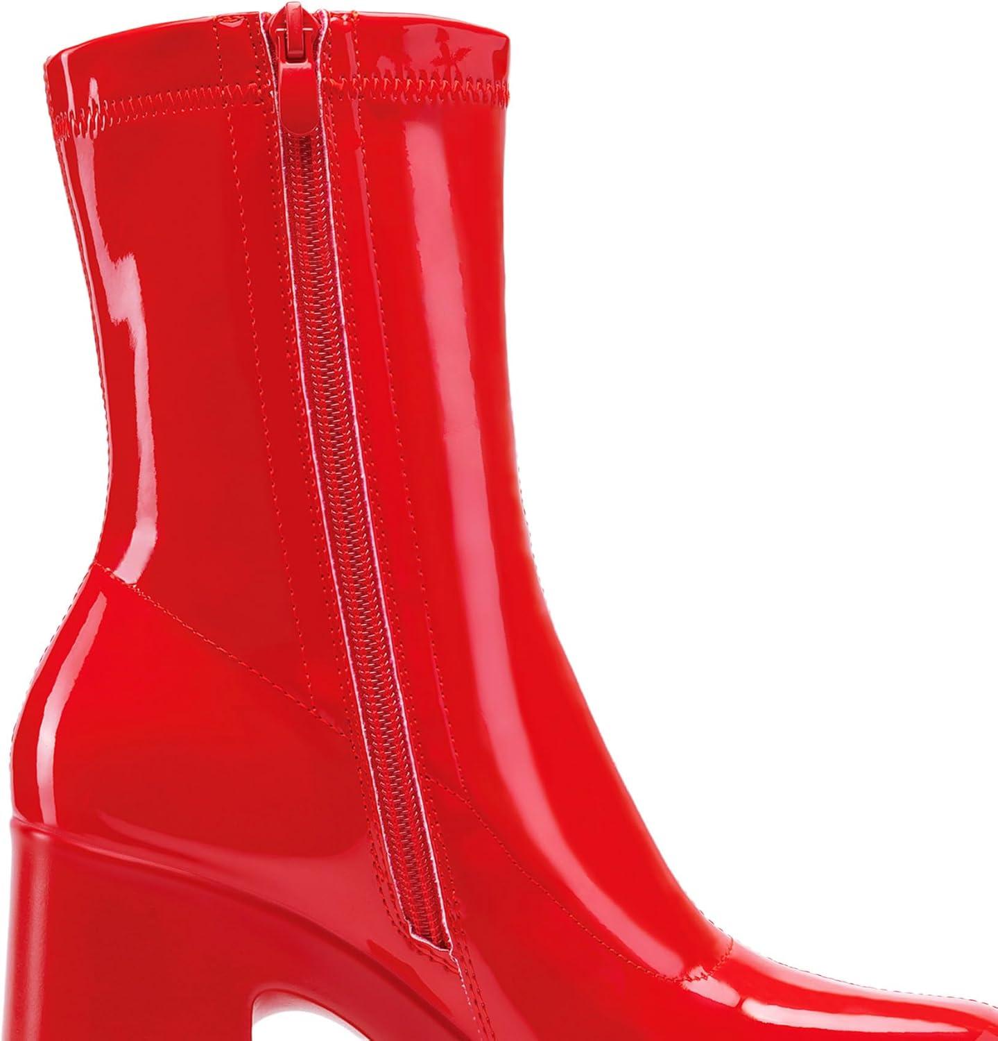 imageDREAM PAIRS Womens Platform Gogo Ankle Boots High Chunky Block Heel Square Toe Booties ShoesRedpat