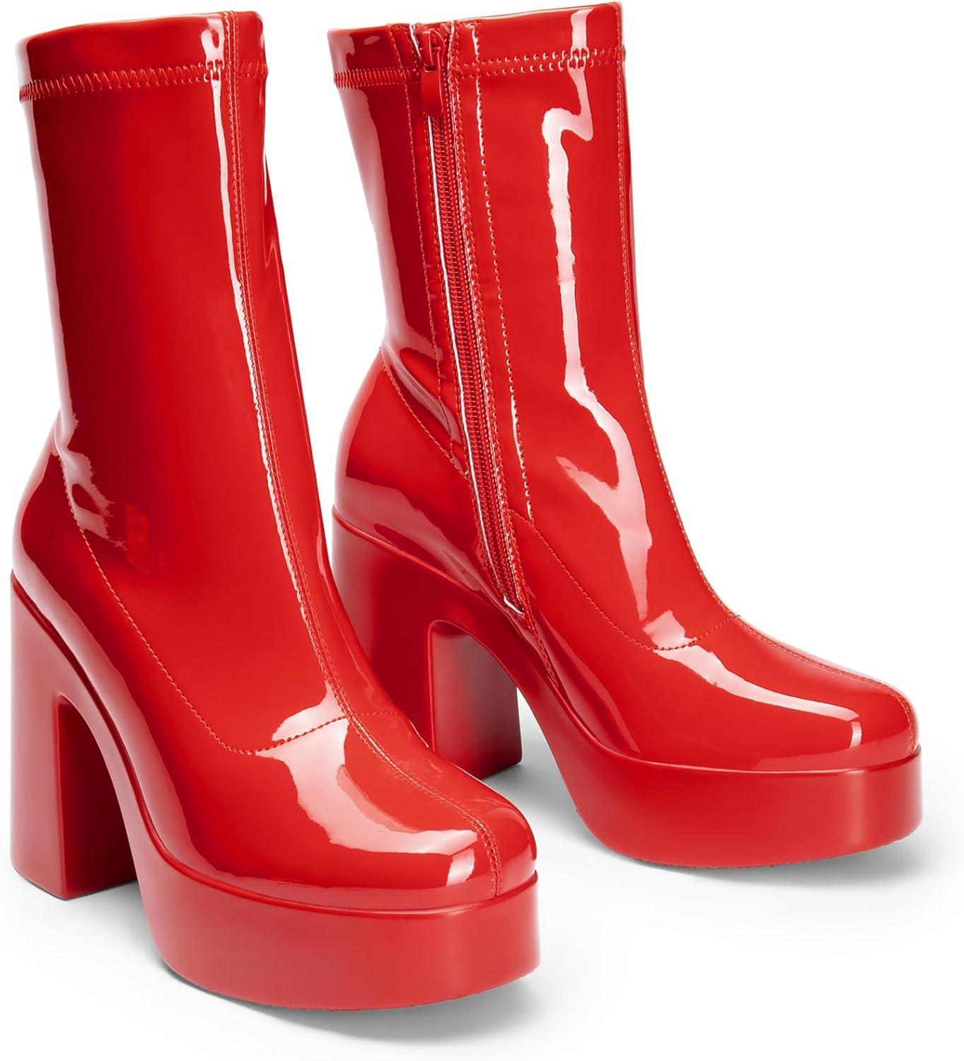 imageDREAM PAIRS Womens Platform Gogo Ankle Boots High Chunky Block Heel Square Toe Booties ShoesRedpat