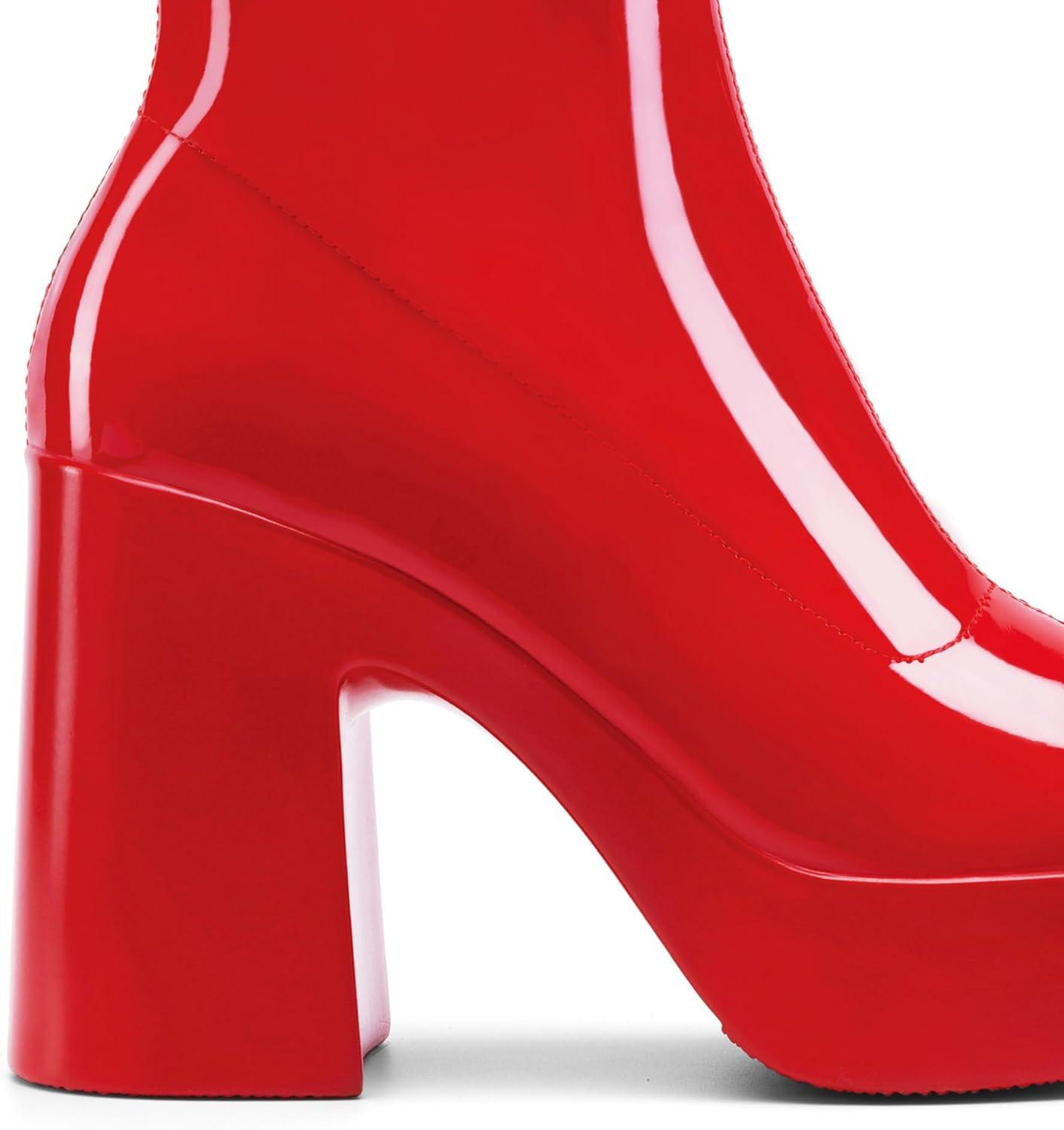 imageDREAM PAIRS Womens Platform Gogo Ankle Boots High Chunky Block Heel Square Toe Booties ShoesRedpat