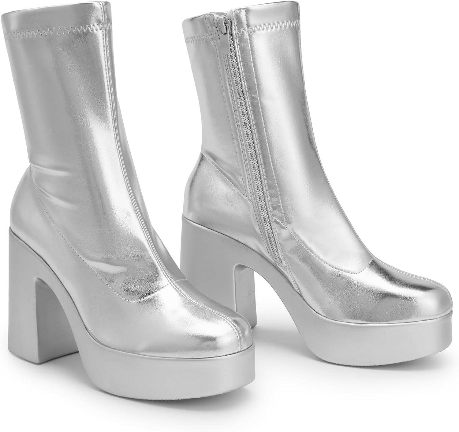 imageDREAM PAIRS Womens Platform Gogo Ankle Boots High Chunky Block Heel Square Toe Booties ShoesSilver