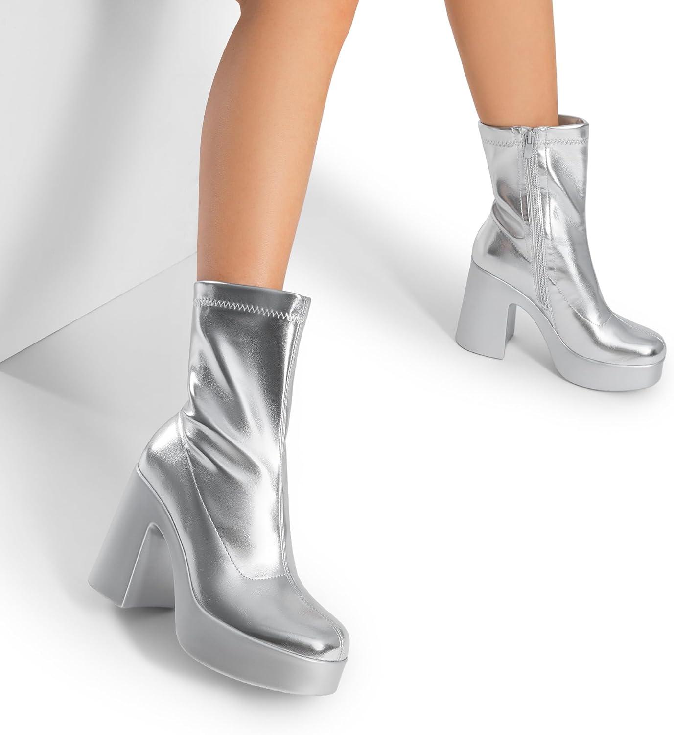 imageDREAM PAIRS Womens Platform Gogo Ankle Boots High Chunky Block Heel Square Toe Booties ShoesSilver