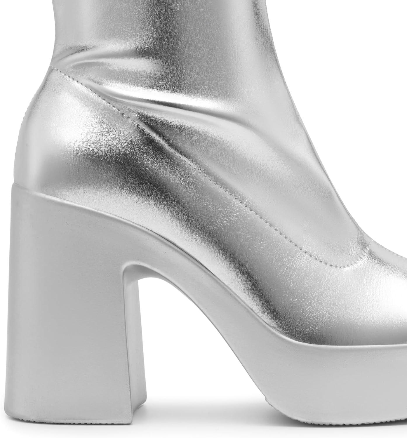 imageDREAM PAIRS Womens Platform Gogo Ankle Boots High Chunky Block Heel Square Toe Booties ShoesSilver