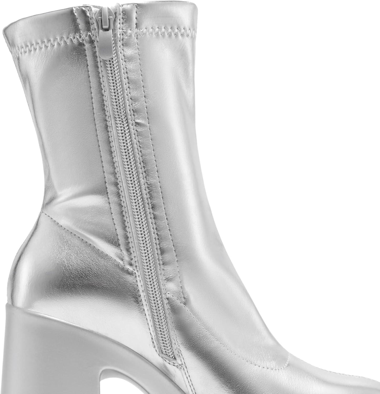 imageDREAM PAIRS Womens Platform Gogo Ankle Boots High Chunky Block Heel Square Toe Booties ShoesSilver