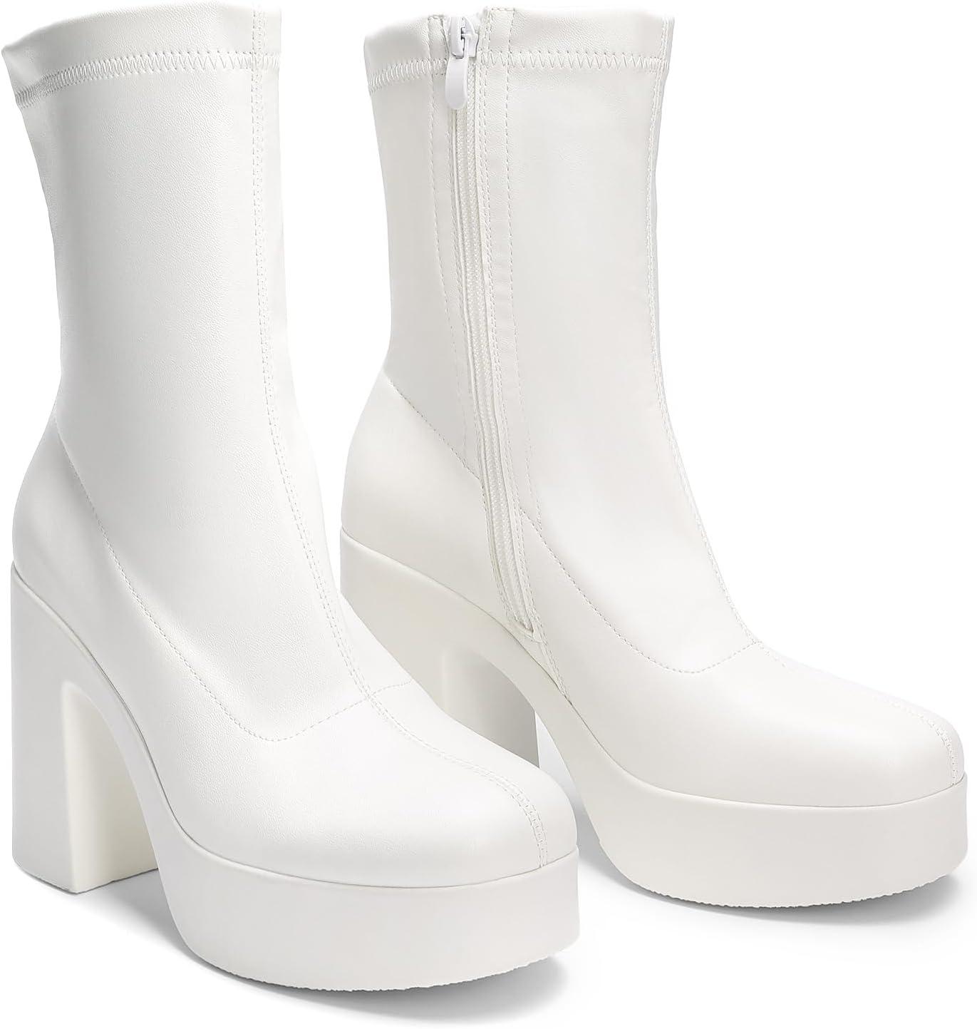 imageDREAM PAIRS Womens Platform Gogo Ankle Boots High Chunky Block Heel Square Toe Booties ShoesWhite