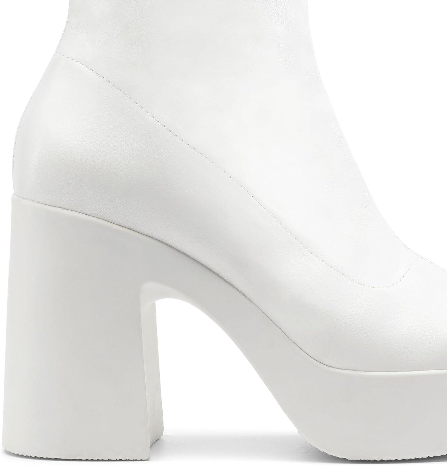 imageDREAM PAIRS Womens Platform Gogo Ankle Boots High Chunky Block Heel Square Toe Booties ShoesWhite