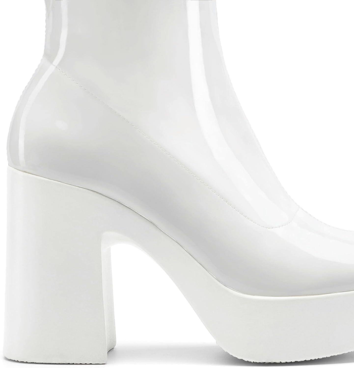 imageDREAM PAIRS Womens Platform Gogo Ankle Boots High Chunky Block Heel Square Toe Booties ShoesWhitepat