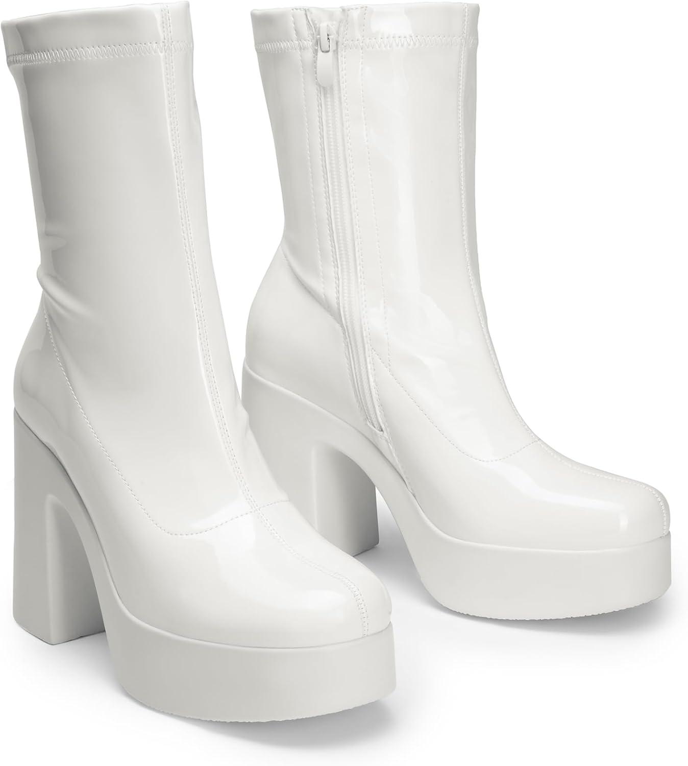 imageDREAM PAIRS Womens Platform Gogo Ankle Boots High Chunky Block Heel Square Toe Booties ShoesWhitepat