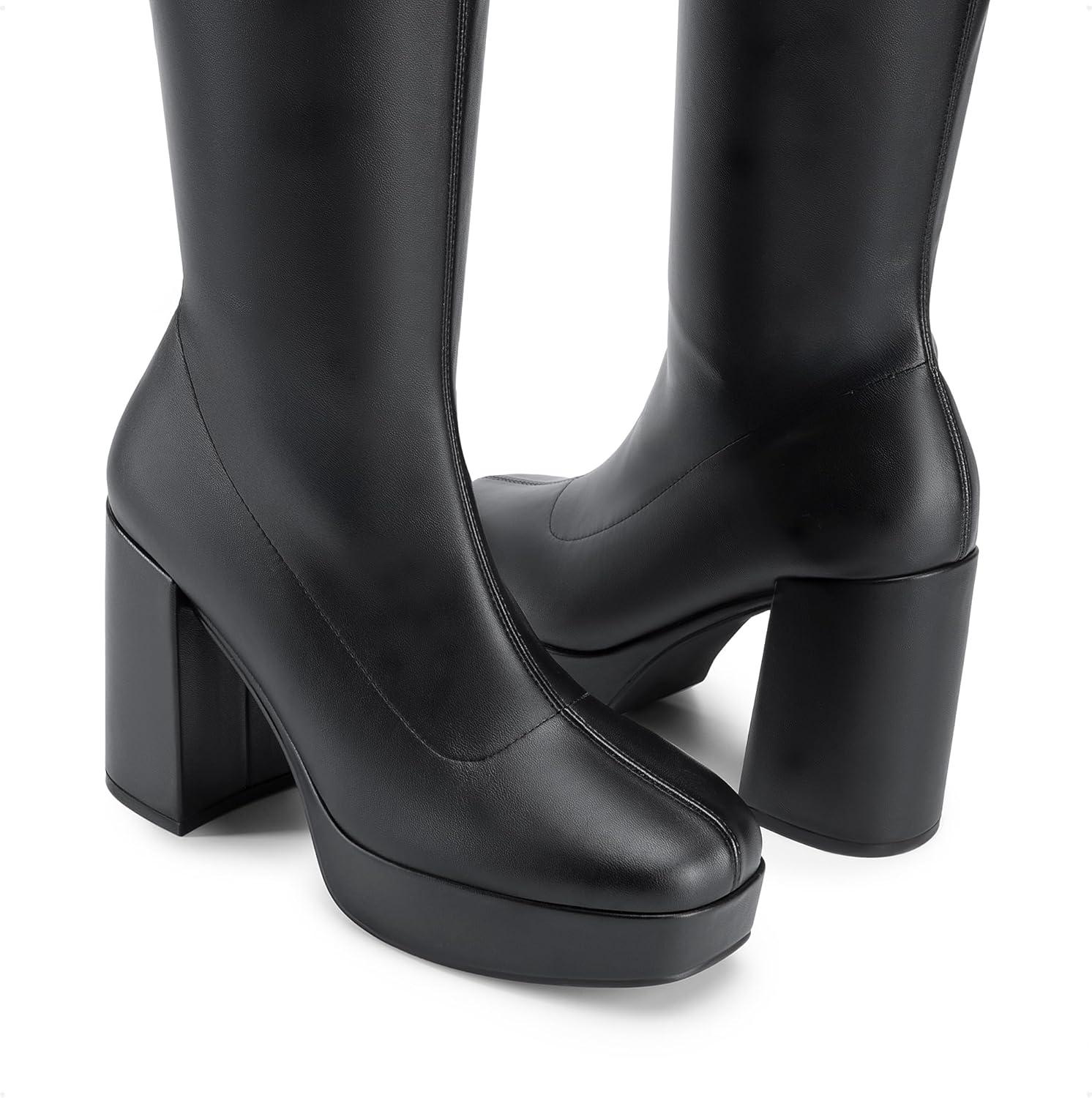 imageDREAM PAIRS Womens Platform Knee High Boots Chunky Block Heel Side Zipper Cute Gogo BootsBlackpu