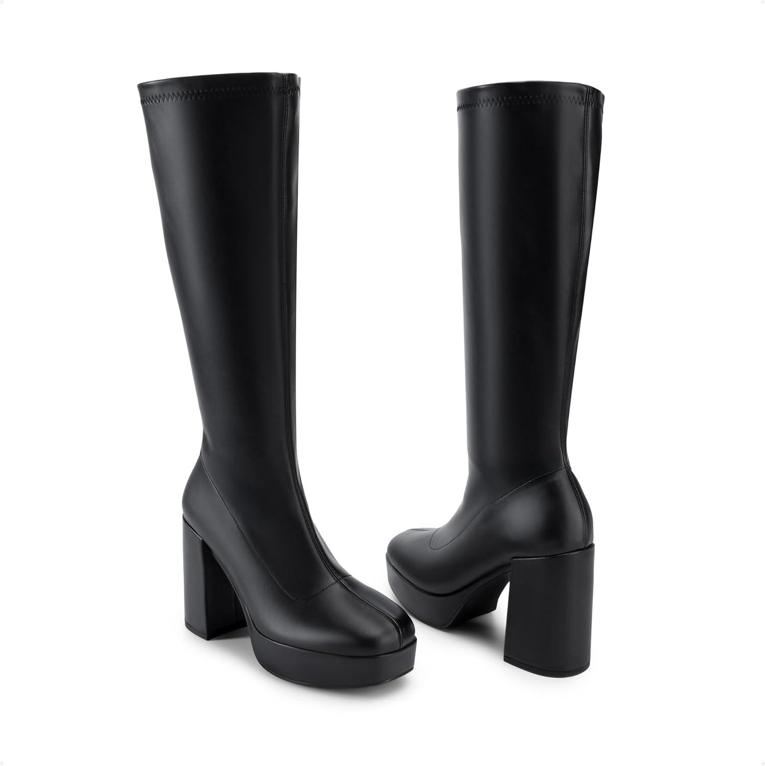 imageDREAM PAIRS Womens Platform Knee High Boots Chunky Block Heel Side Zipper Cute Gogo BootsBlackpu