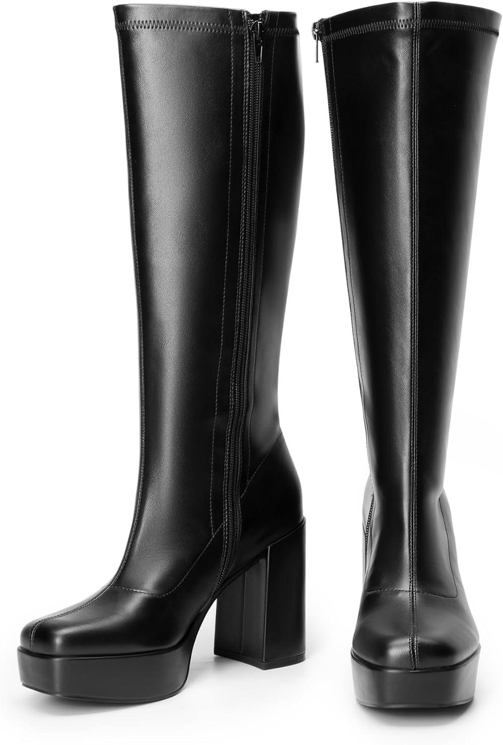 imageDREAM PAIRS Womens Platform Knee High Boots Chunky Block Heel Side Zipper Cute Gogo BootsBlackpu