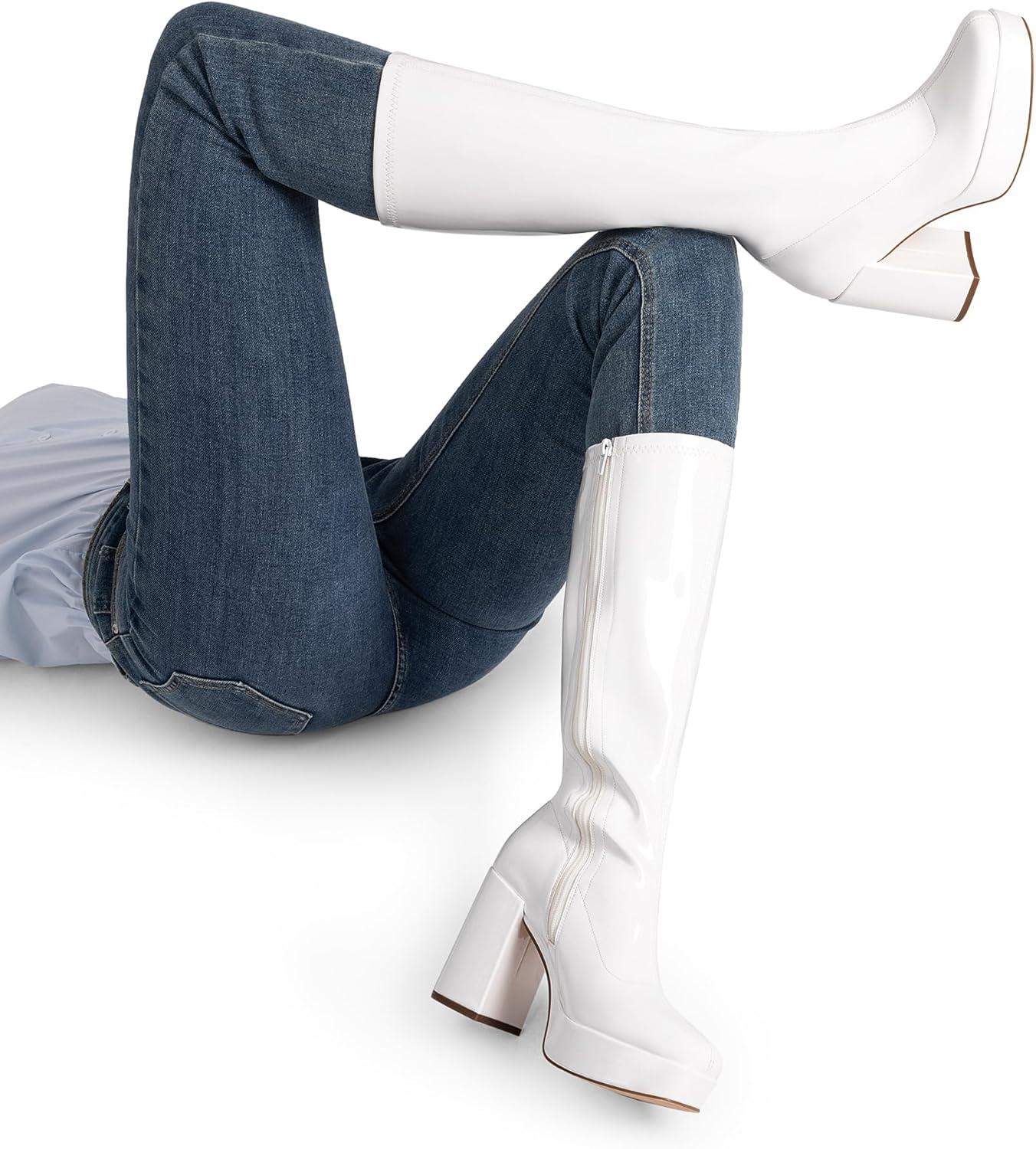 imageDREAM PAIRS Womens Platform Knee High Boots Chunky Block Heel Side Zipper Cute Gogo BootsWhitepat