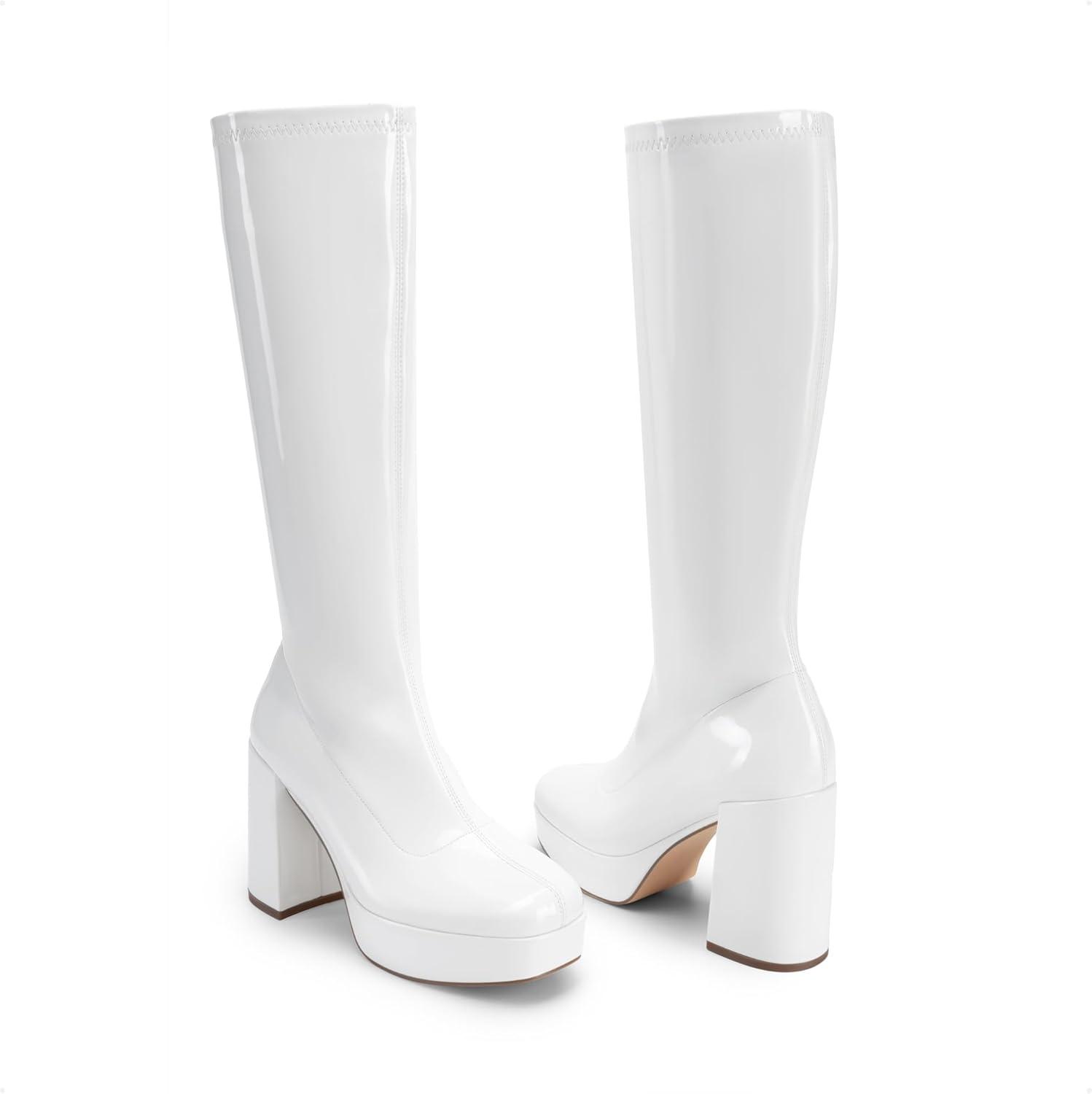 imageDREAM PAIRS Womens Platform Knee High Boots Chunky Block Heel Side Zipper Cute Gogo BootsWhitepat