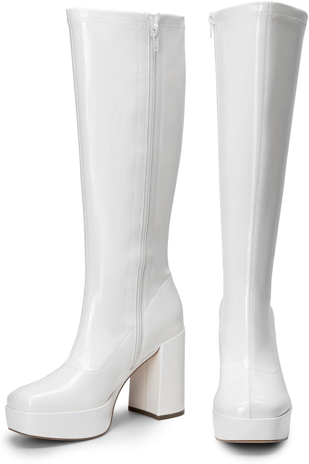 imageDREAM PAIRS Womens Platform Knee High Boots Chunky Block Heel Side Zipper Cute Gogo BootsWhitepat