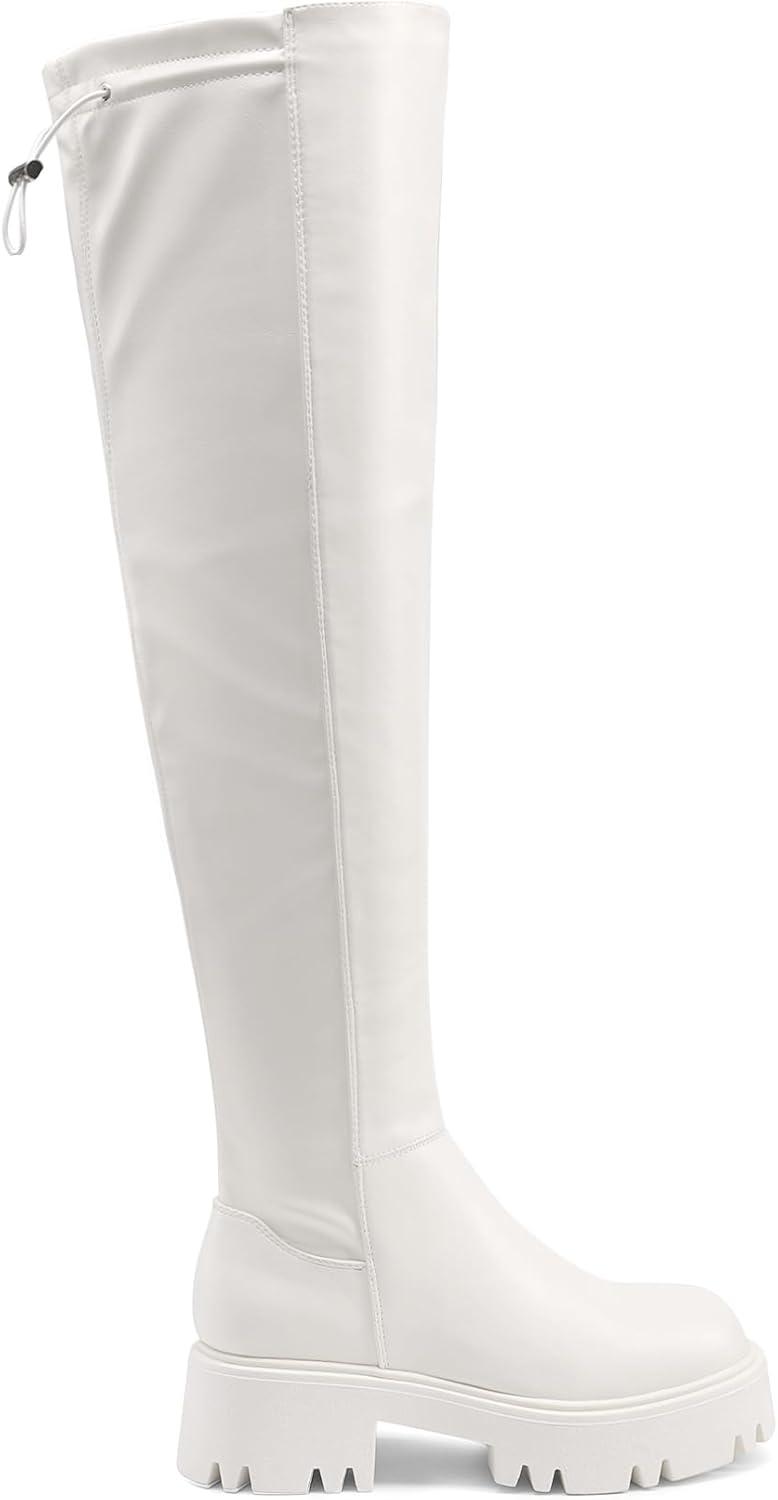 imageDREAM PAIRS Womens Platform Over The Knee Boots Lug Sole Round Toe Thigh High Long Chunky Block Heels Fall BootsWhitepu