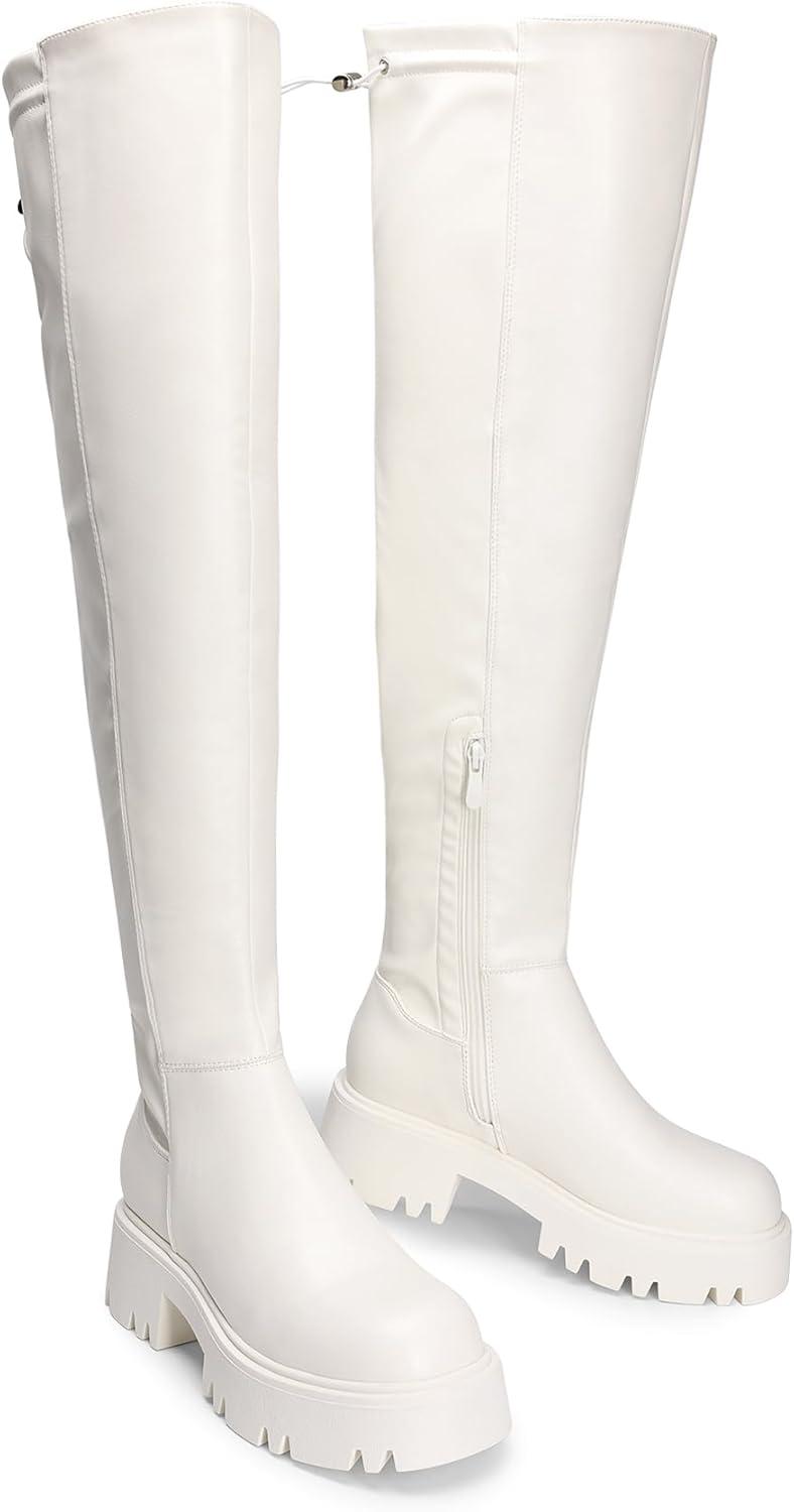 imageDREAM PAIRS Womens Platform Over The Knee Boots Lug Sole Round Toe Thigh High Long Chunky Block Heels Fall BootsWhitepu