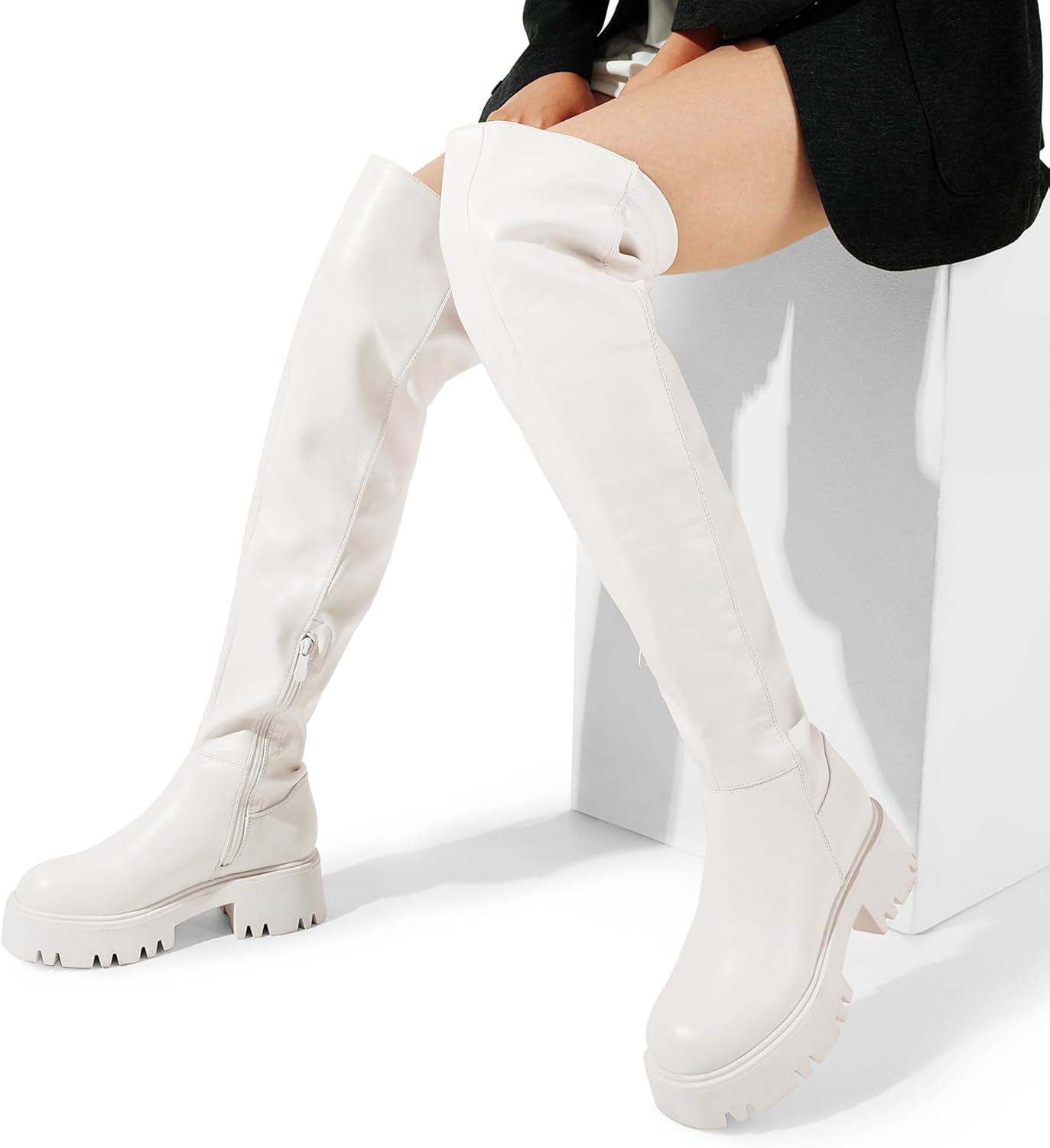 imageDREAM PAIRS Womens Platform Over The Knee Boots Lug Sole Round Toe Thigh High Long Chunky Block Heels Fall BootsWhitepu