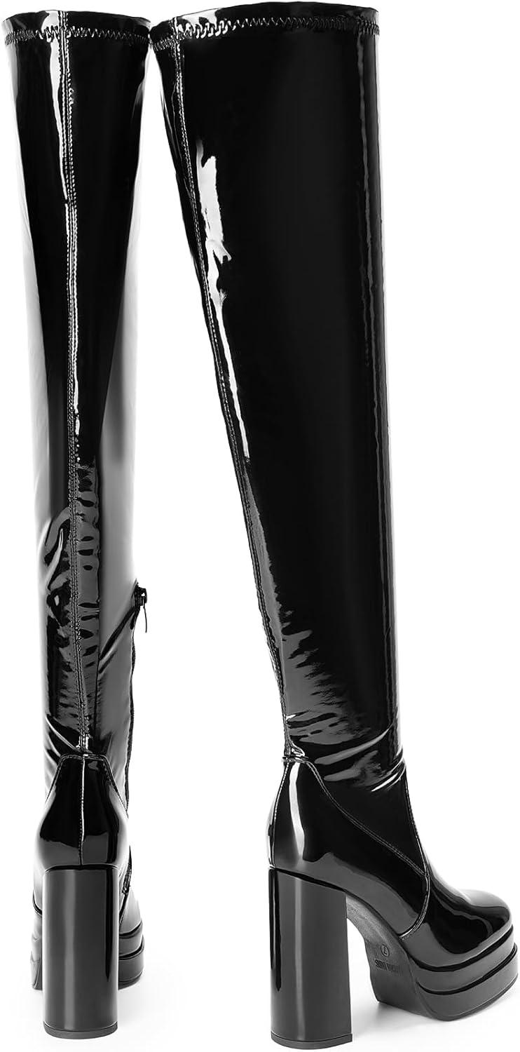imageDREAM PAIRS Womens Platform Over The Knee Thigh High Boots Chunky High Heels Square Toe Long Fall Y2K Gogo BootsBlackpat