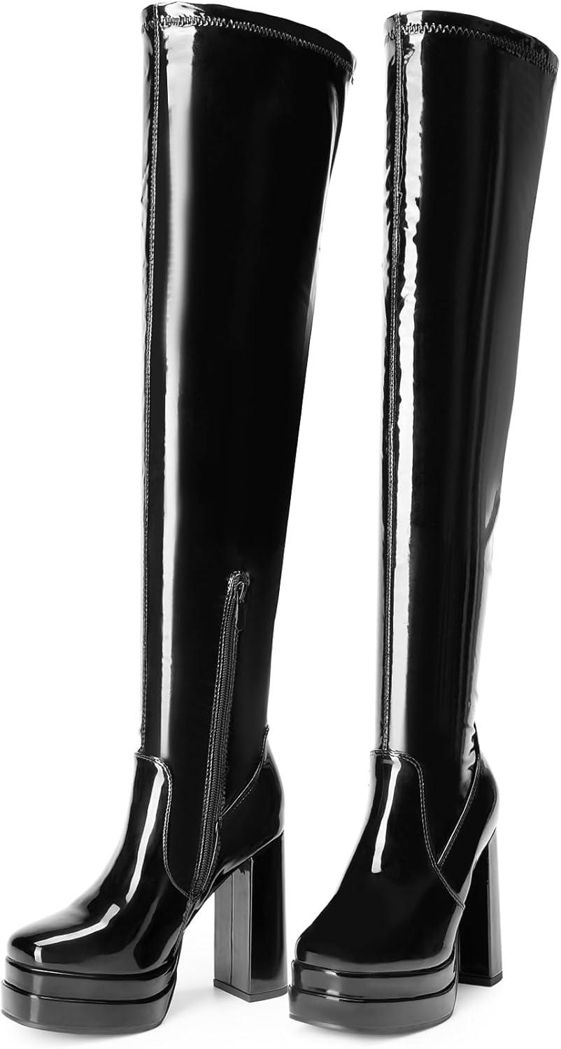 imageDREAM PAIRS Womens Platform Over The Knee Thigh High Boots Chunky High Heels Square Toe Long Fall Y2K Gogo BootsBlackpat