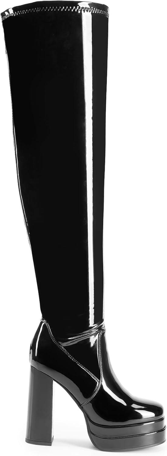imageDREAM PAIRS Womens Platform Over The Knee Thigh High Boots Chunky High Heels Square Toe Long Fall Y2K Gogo BootsBlackpat