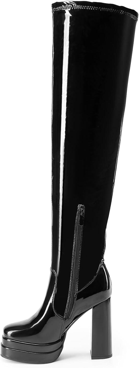 imageDREAM PAIRS Womens Platform Over The Knee Thigh High Boots Chunky High Heels Square Toe Long Fall Y2K Gogo BootsBlackpat
