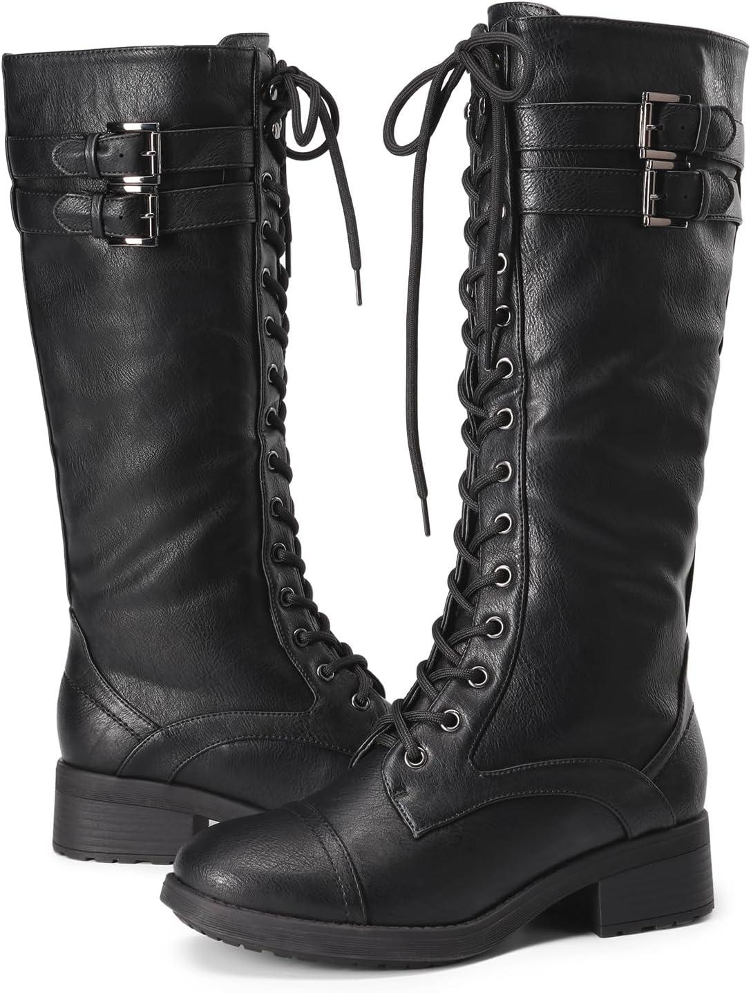 imageDREAM PAIRS Womens Pu Knee High Riding Combat BootsGeorgiablack