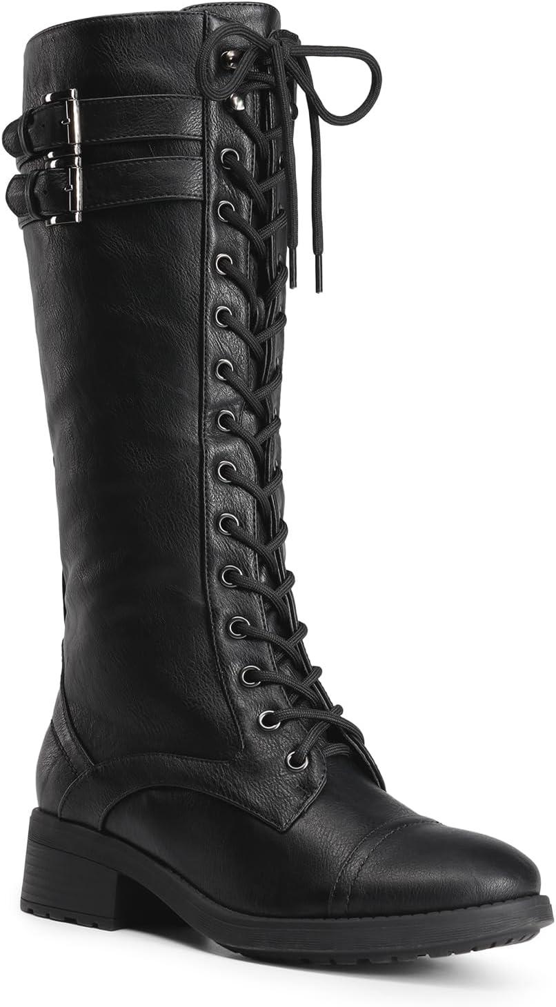 imageDREAM PAIRS Womens Pu Knee High Riding Combat BootsGeorgiablack