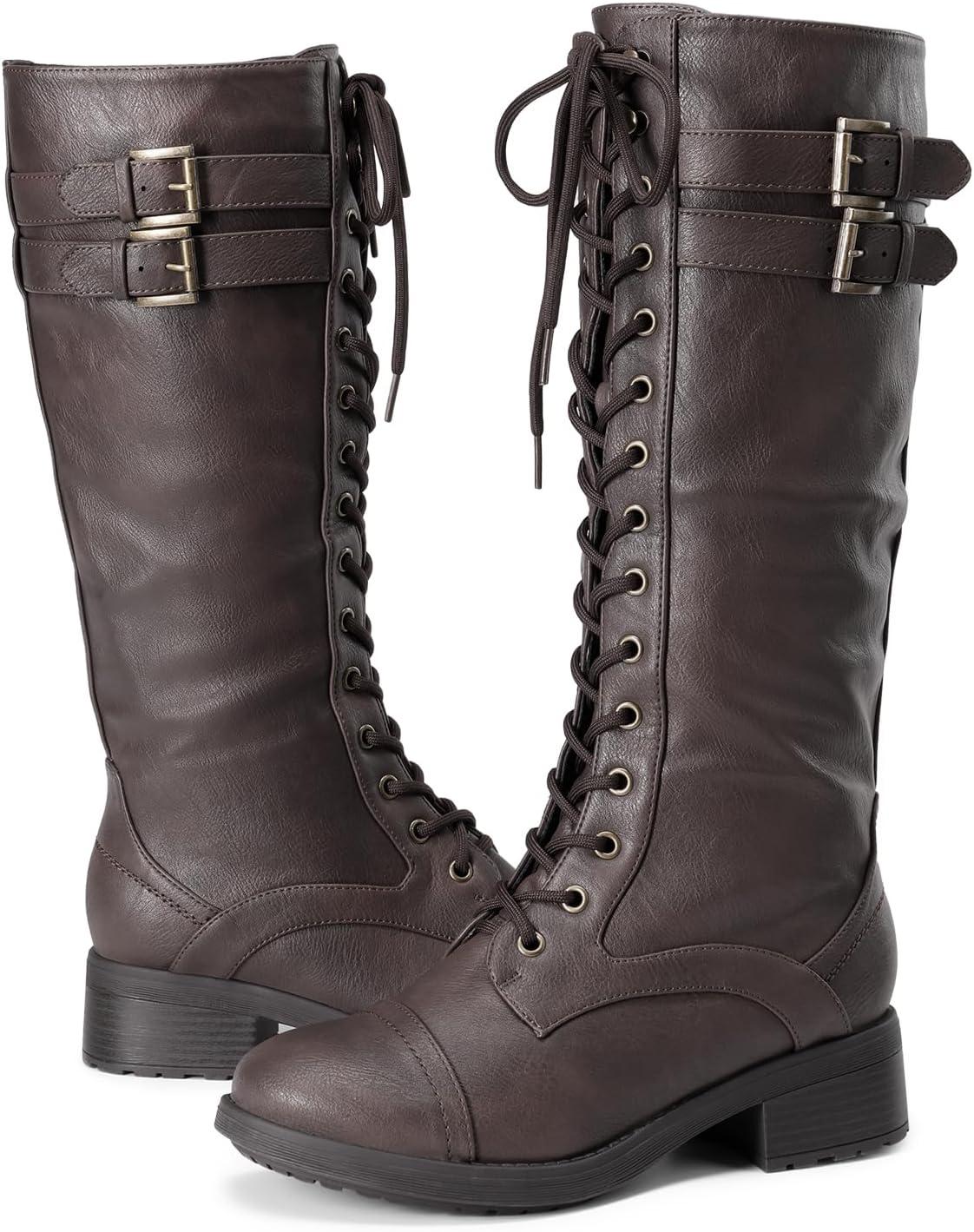 imageDREAM PAIRS Womens Pu Knee High Riding Combat BootsGeorgiabrown