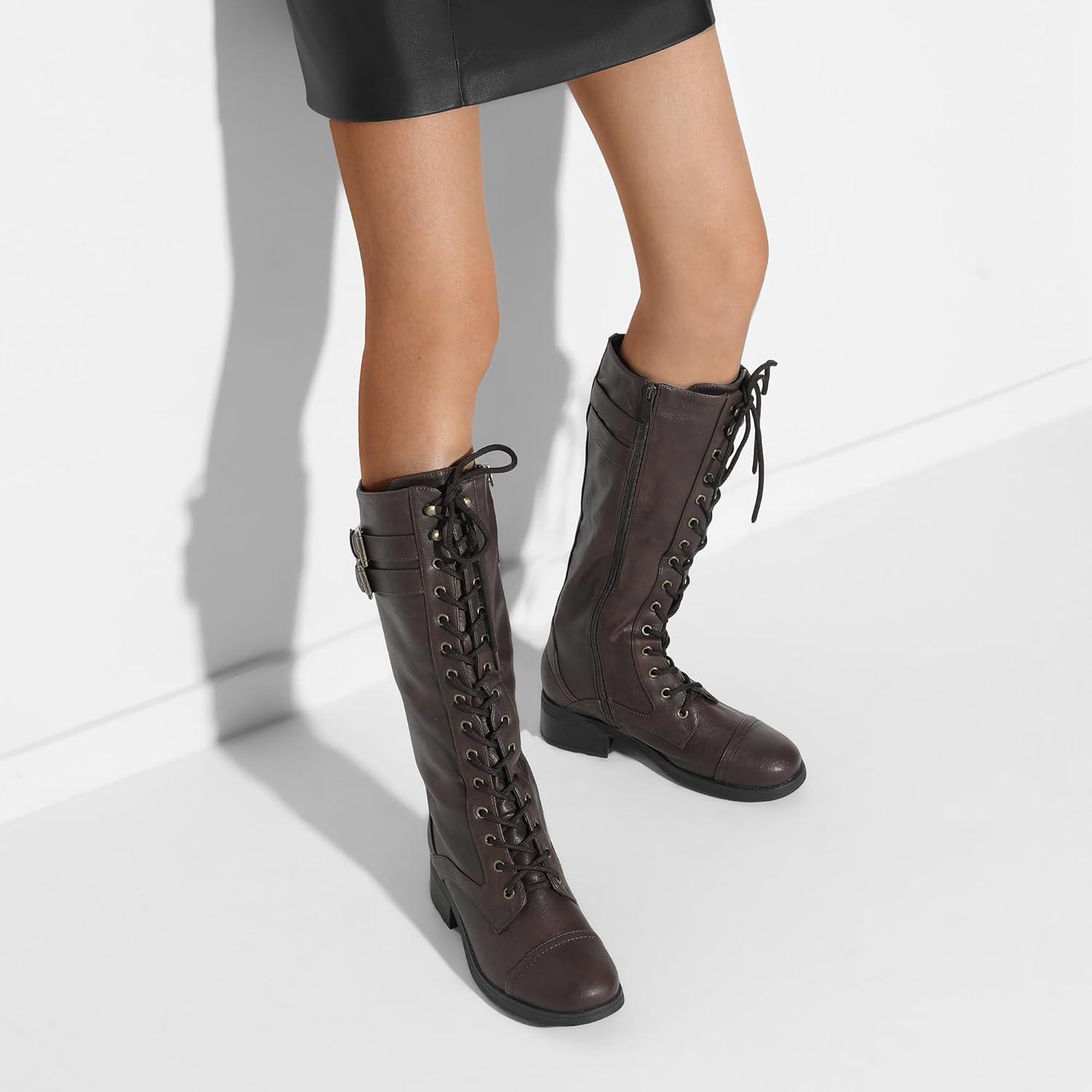 imageDREAM PAIRS Womens Pu Knee High Riding Combat BootsGeorgiabrown