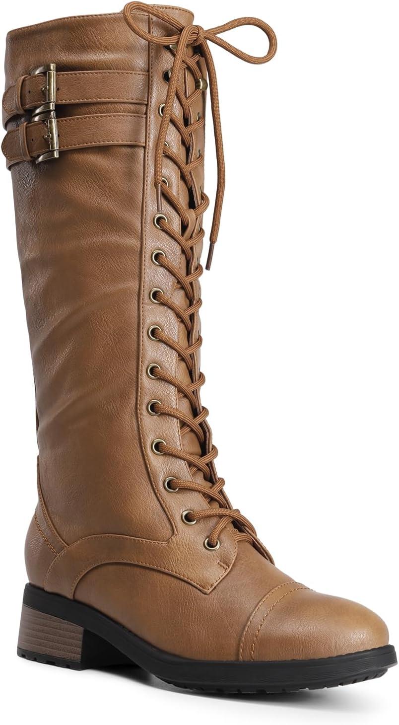 imageDREAM PAIRS Womens Pu Knee High Riding Combat BootsGeorgiacamel