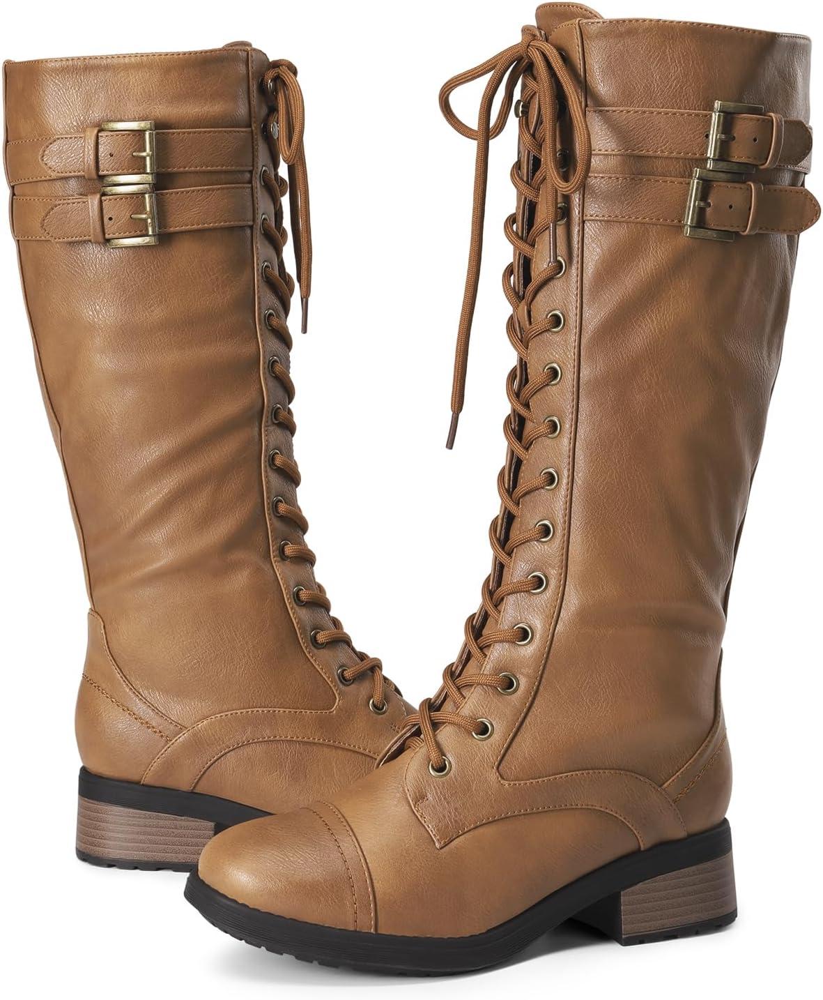 imageDREAM PAIRS Womens Pu Knee High Riding Combat BootsGeorgiacamel