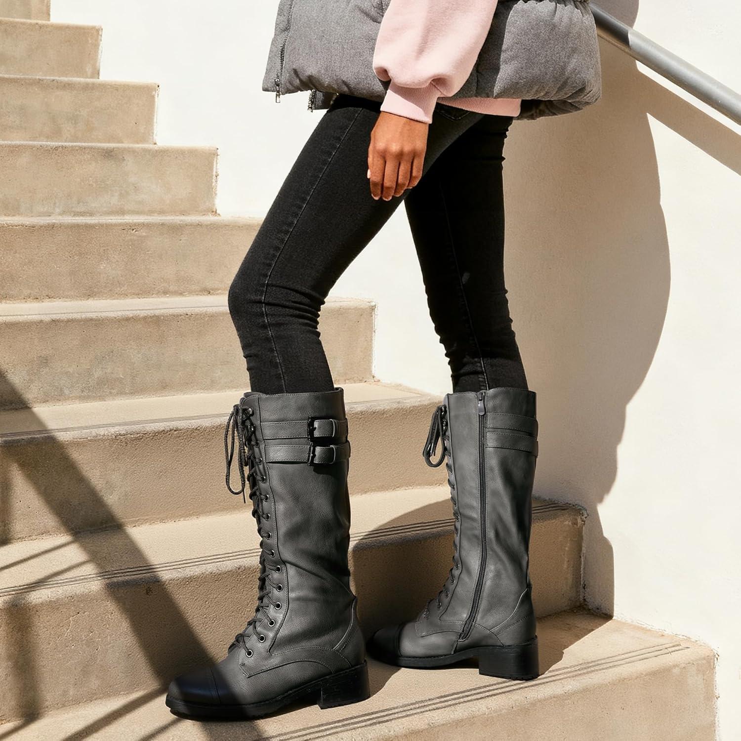 imageDREAM PAIRS Womens Pu Knee High Riding Combat BootsGeorgiagrey