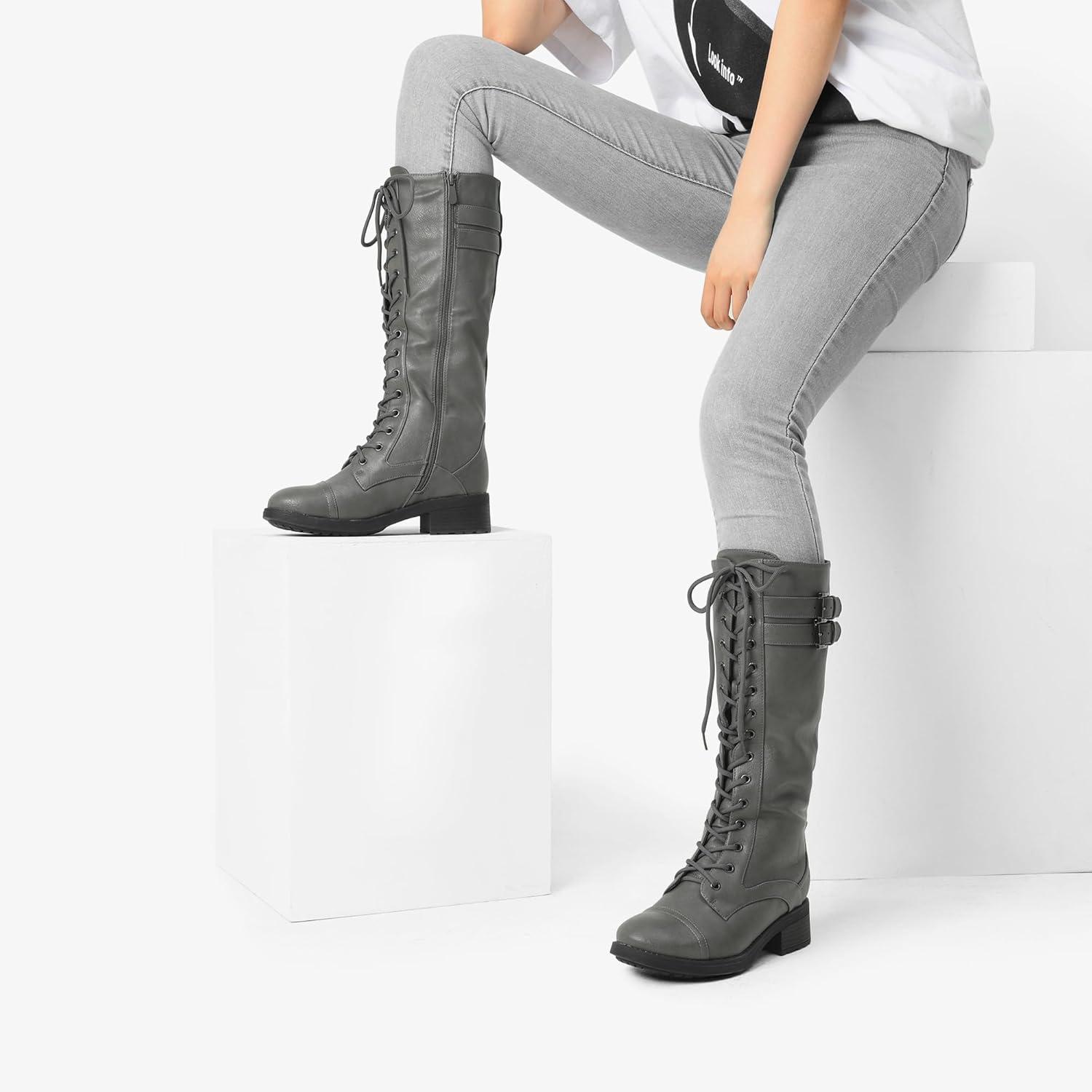 imageDREAM PAIRS Womens Pu Knee High Riding Combat BootsGeorgiagrey