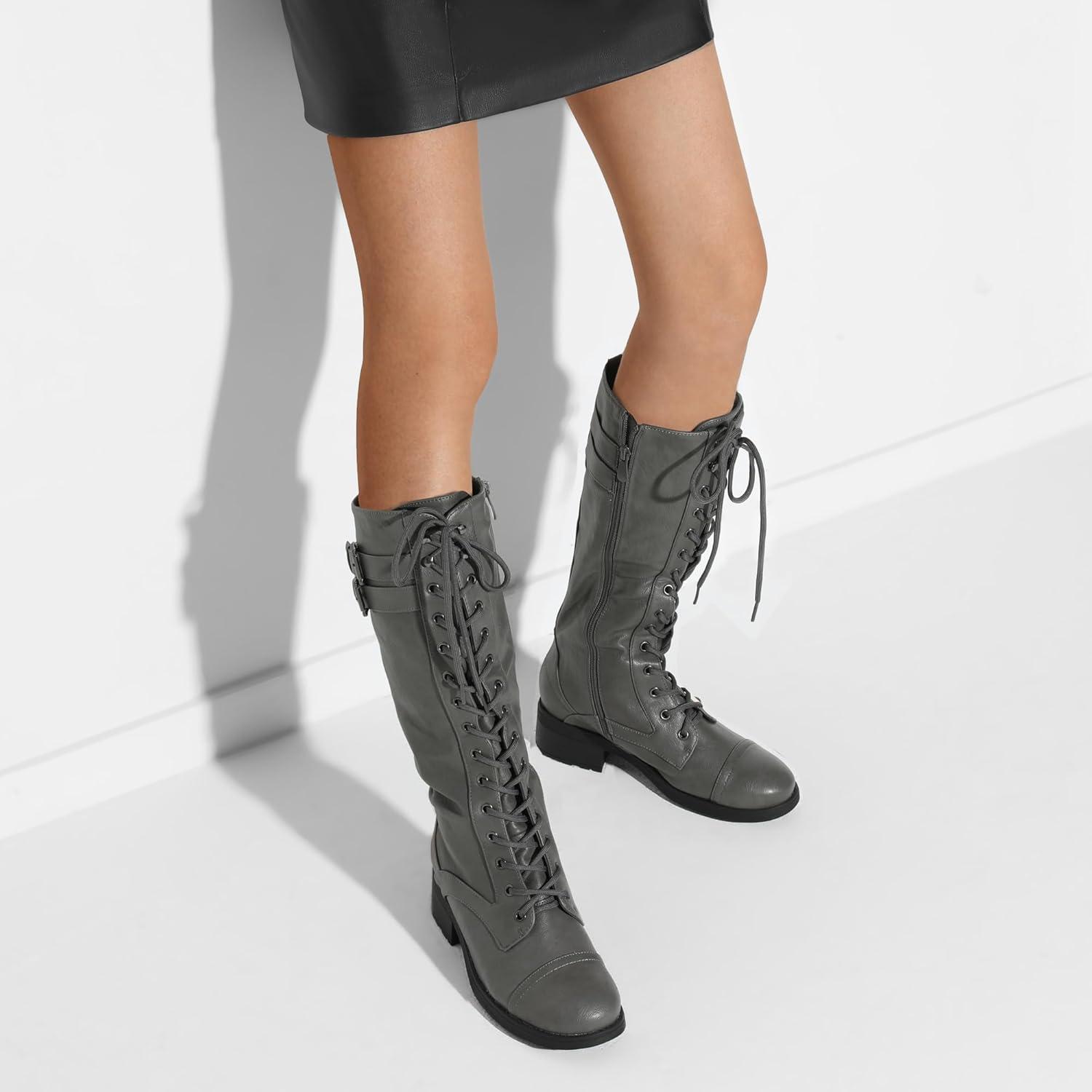 imageDREAM PAIRS Womens Pu Knee High Riding Combat BootsGeorgiagrey