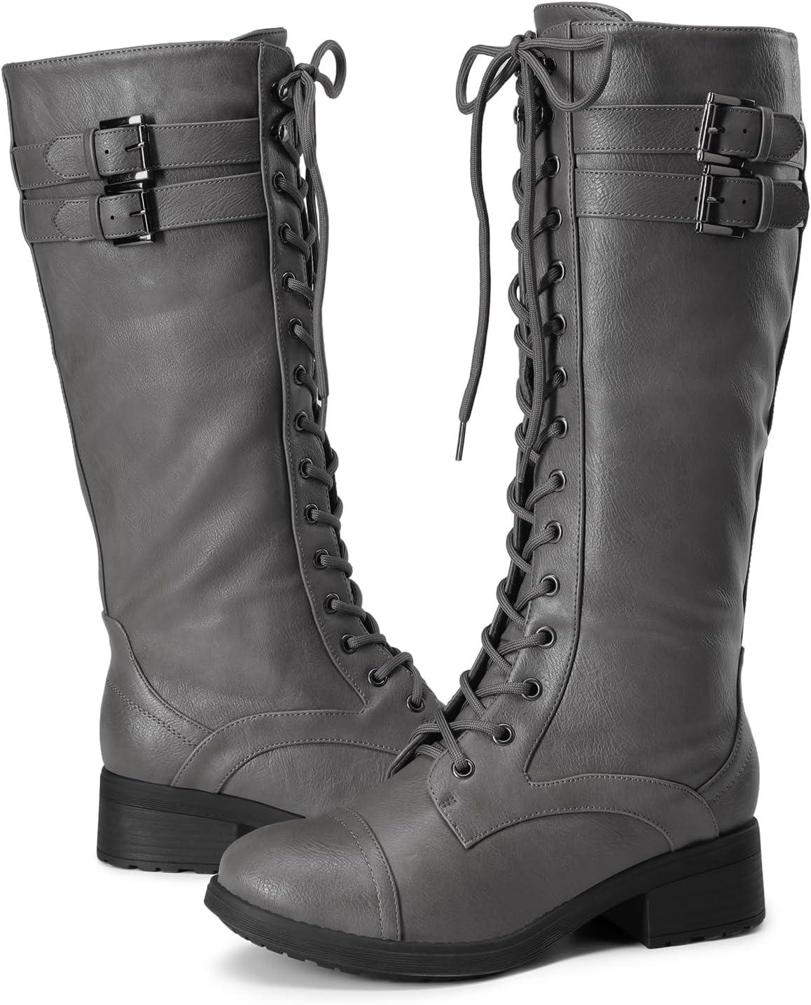 imageDREAM PAIRS Womens Pu Knee High Riding Combat BootsGeorgiagrey