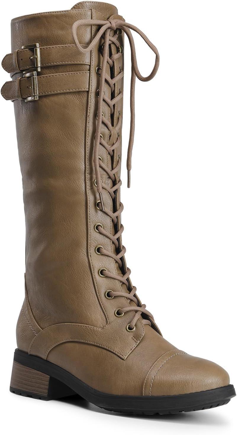 imageDREAM PAIRS Womens Pu Knee High Riding Combat BootsGeorgiakhaki