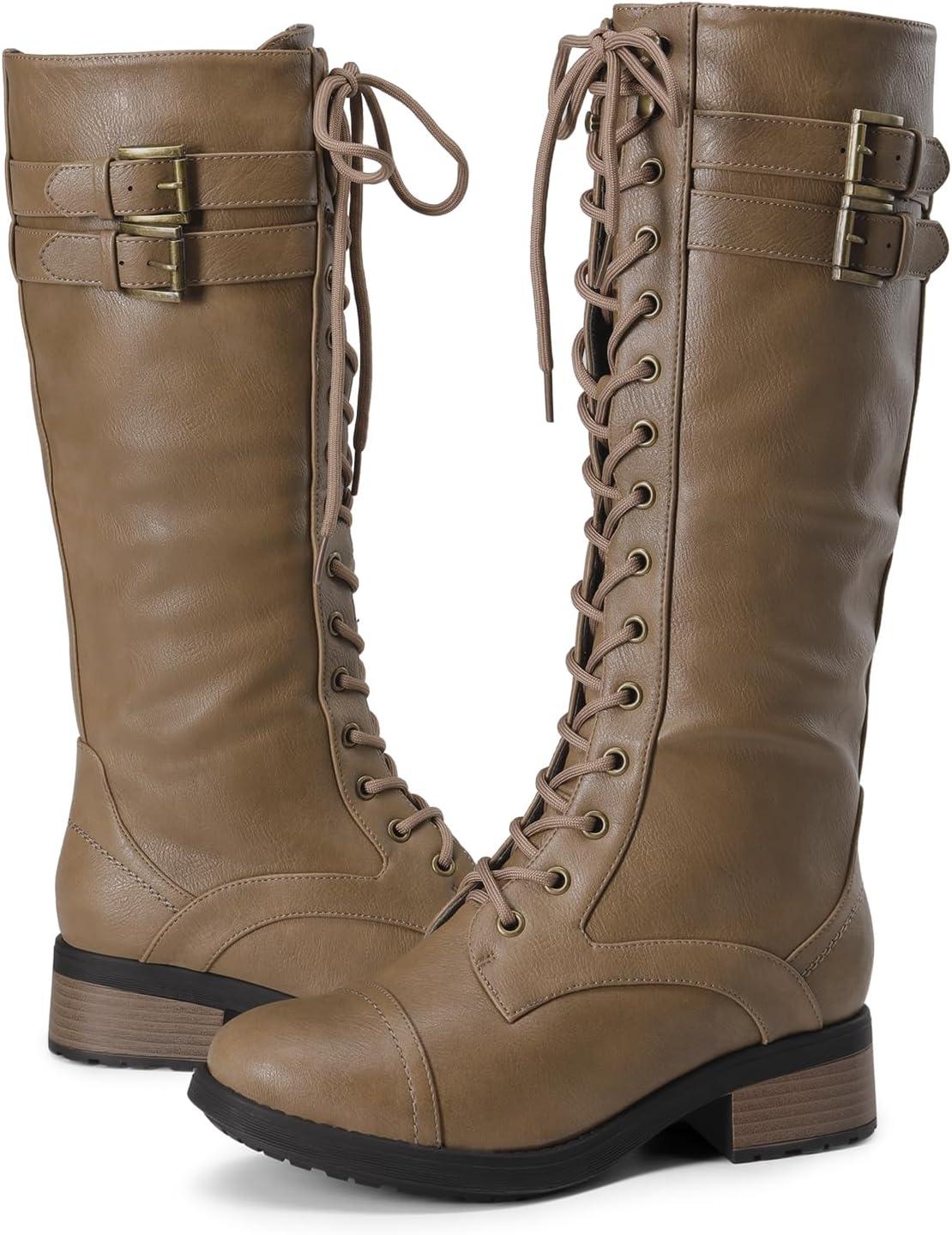 imageDREAM PAIRS Womens Pu Knee High Riding Combat BootsGeorgiakhaki