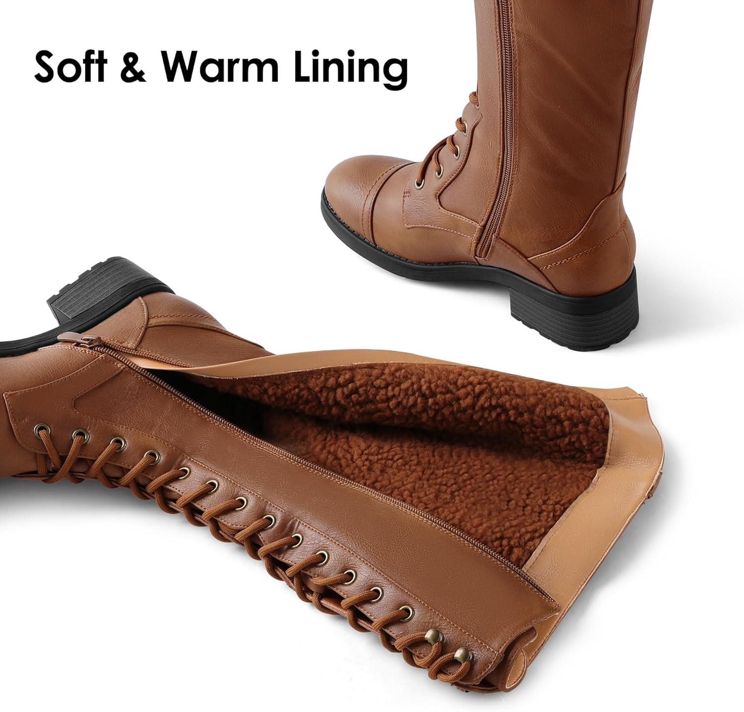 imageDREAM PAIRS Womens Pu Knee High Riding Combat BootsLight Brown