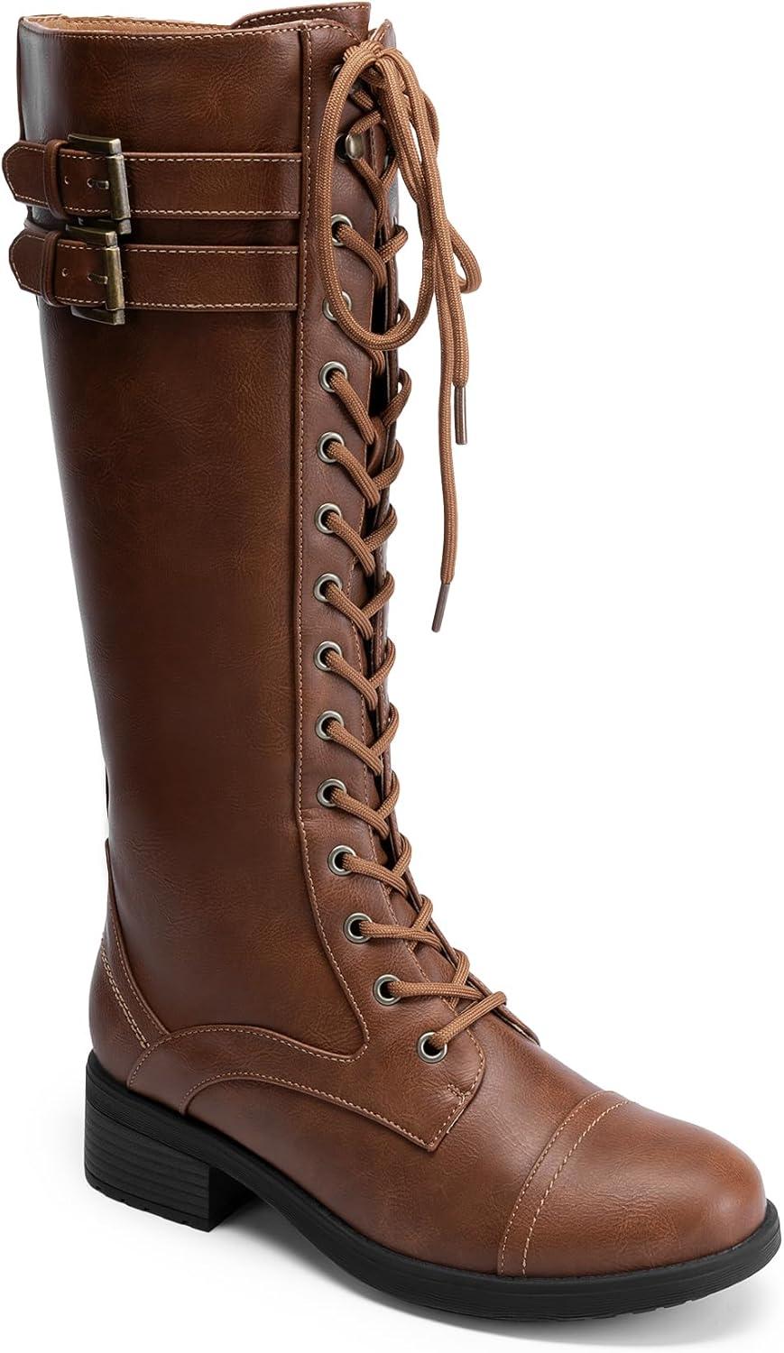 imageDREAM PAIRS Womens Pu Knee High Riding Combat BootsLight Brown