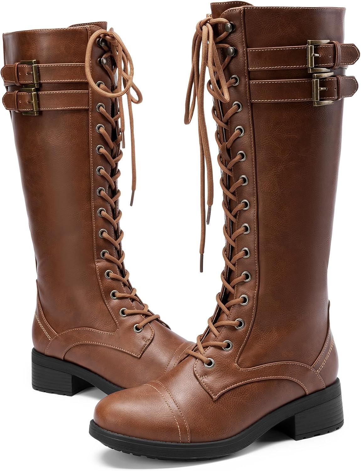 imageDREAM PAIRS Womens Pu Knee High Riding Combat BootsLight Brown