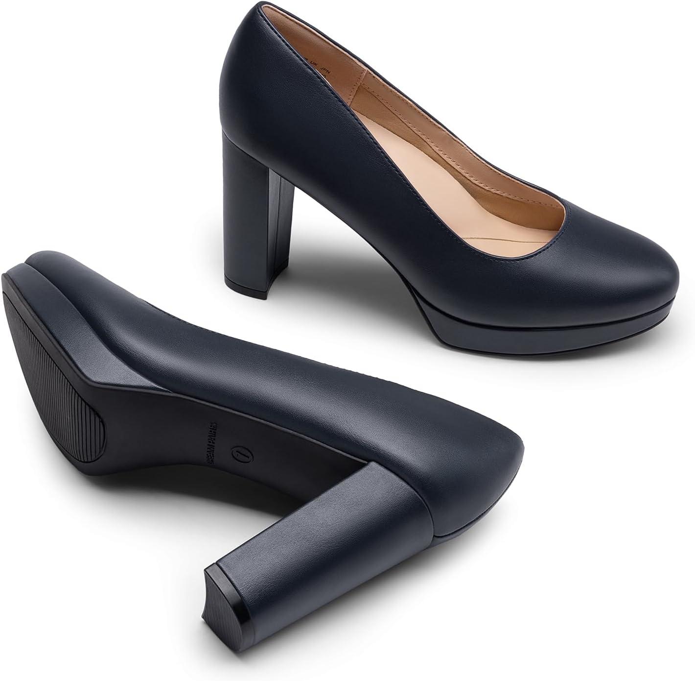 imageDREAM PAIRS Womens Pumps Closed Round Toe Chunky High Heels Platform Work Comfortable Dress Shoes for WomenNavypu