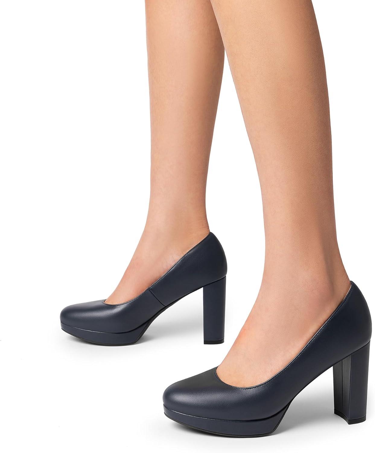 imageDREAM PAIRS Womens Pumps Closed Round Toe Chunky High Heels Platform Work Comfortable Dress Shoes for WomenNavypu