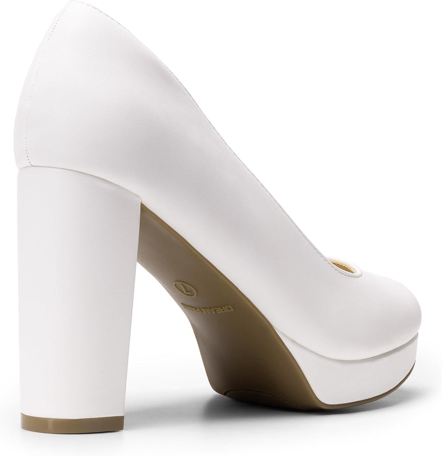 imageDREAM PAIRS Womens Pumps Closed Round Toe Chunky High Heels Platform Work Comfortable Dress Shoes for WomenWhitepu