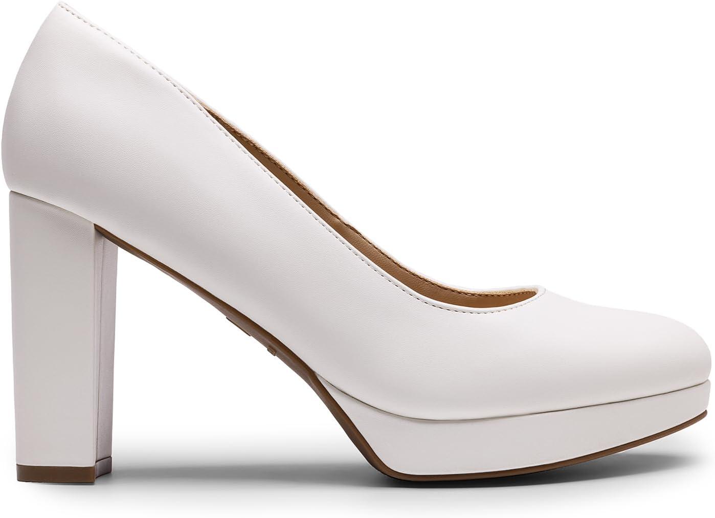 imageDREAM PAIRS Womens Pumps Closed Round Toe Chunky High Heels Platform Work Comfortable Dress Shoes for WomenWhitepu