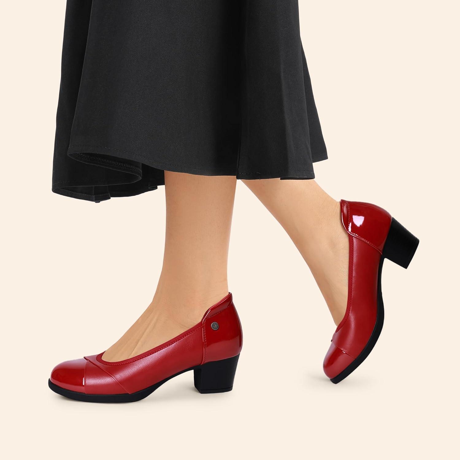 imageDREAM PAIRS Womens Pumps Low Chunky Block Closed Toe Shoes Work Comfortable Heels Round Toe DressRed