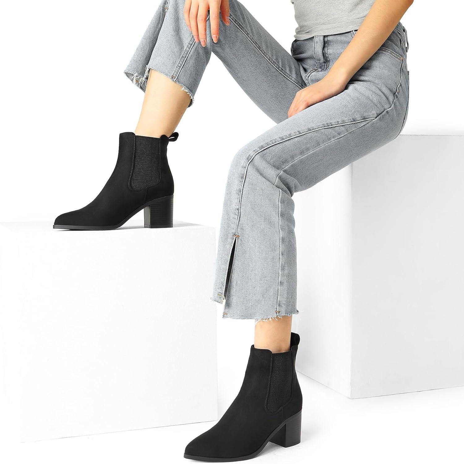 imageDREAM PAIRS Womens Retro Elastic Chelsea Ankle Boots Fashion Low Chunky Block Heel Pointed Toe Fall Heeled Booties ShoesBlacksuede