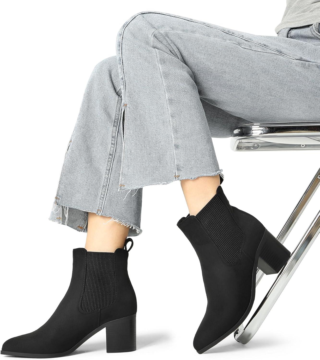 imageDREAM PAIRS Womens Retro Elastic Chelsea Ankle Boots Fashion Low Chunky Block Heel Pointed Toe Fall Heeled Booties ShoesBlacksuede