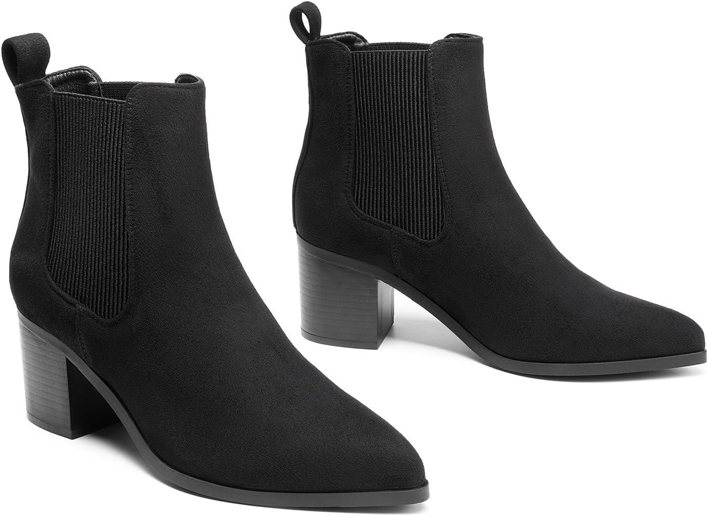 imageDREAM PAIRS Womens Retro Elastic Chelsea Ankle Boots Fashion Low Chunky Block Heel Pointed Toe Fall Heeled Booties ShoesBlacksuede